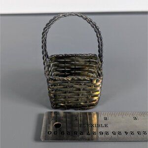 Antique Silver plated miniature ring basket trinket dish metal straw container